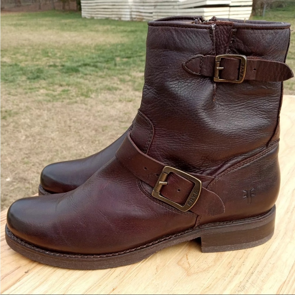 Frye Brown Leather Buckle Ankle Boots
